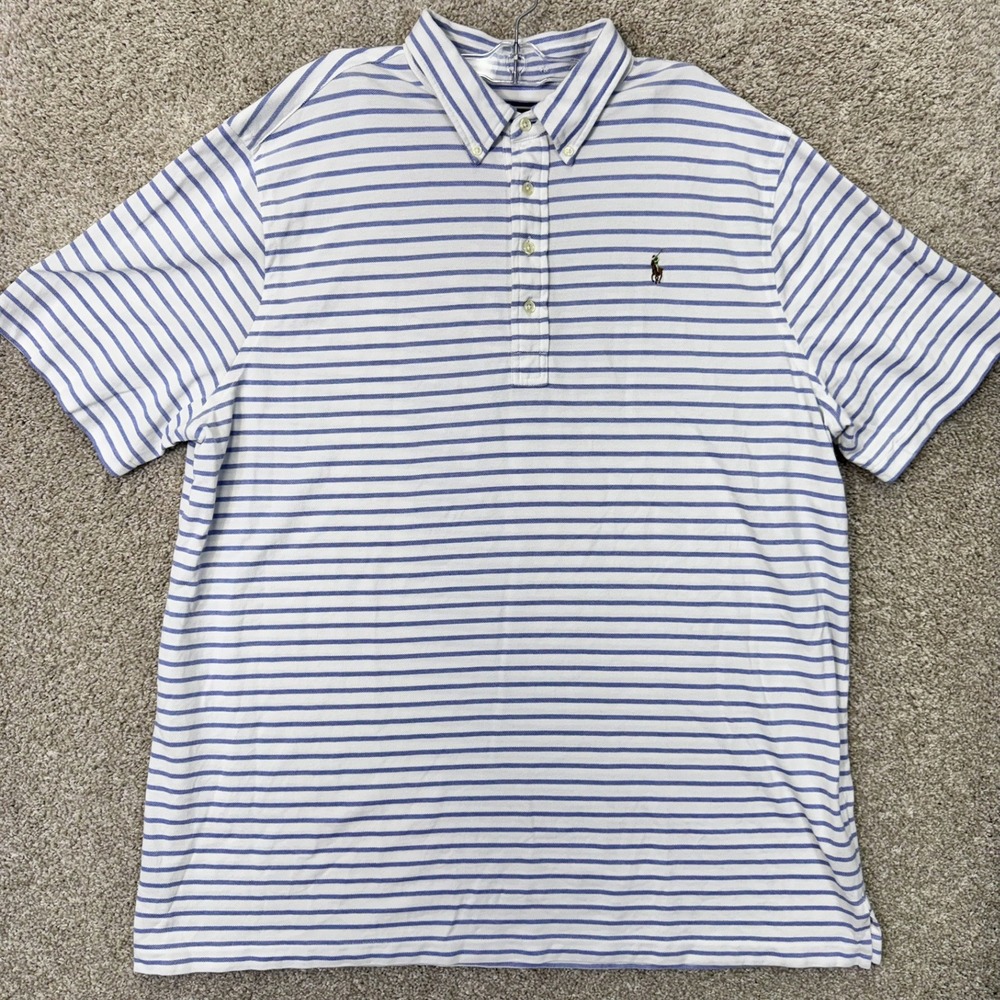 Ralph Lauren Polo Shirt Mens XXL Knit Oxford Blue Striped EUC